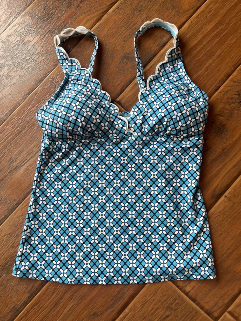 Draper James Scallop-Trim Blue Geo Print  Swim Top